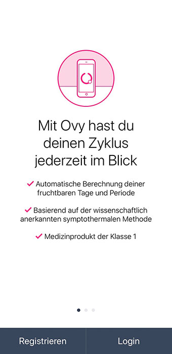 Nach dem Starten der App besteht die Wahl zwischen „Registrieren“ (wenn noch kein Ovy-Konto besteht) und „Login“ (wenn schon ein Ovy-Konto besteht). Beurer OT 30