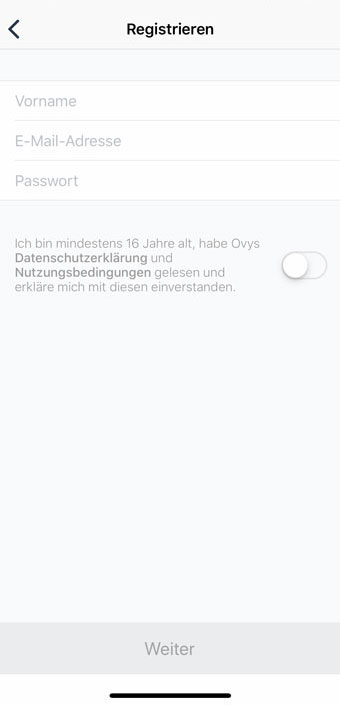 Die Registrierung lässt sich über die App vornehmen. Hierzu sind nur der Vorname, eine E-Mail-Adresse und ein Passwort einzupflegen. Die App setzt also nicht allzu viele empfindliche (höchstpersönliche) Daten voraus, um einen Ovy-Account zu erstellen. Beurer OT 30