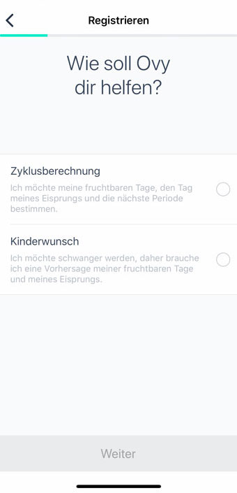 Danach ist noch einzustellen, ob die App nur zur Analyse der einzelnen Phasen des Zyklus verwendet („Zyklusberechnung“) oder ob vielmehr schon eine Empfängnis geplant werden soll, also vor allem die Fruchtbarkeitsphasen bzw. der Eisprung wesentlich sind („Kinderwunsch“). Beurer OT 30