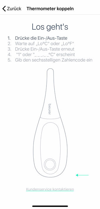 Daran schließt sich auch schon der Kopplungsvorgang an: Nach einem Druck der Ein-/Aus-/Mess-Taste, ~1,5 Sekunden des Wartens und einem erneuten Druck derselben Taste stellt das Display des Beurer OT 30 einen aus sechs Zahlen bestehenden Code dar. Beurer OT 30