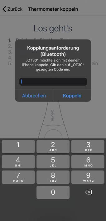 Dieser Code muss in das nun in der App erscheinende Feld eingepflegt werden. Beurer OT 30