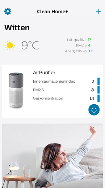 Die App erlaubt es nicht nur, die verschiedenen Funktionen des Modells an- und abzuschalten, sondern enthält auch noch eine Vielzahl aktueller Daten zur Atmosphäre an verschiedenen Orten (im Screenshot: Witten). Philips Luftreiniger AC3033/10: Aufgefallen im Praxistest