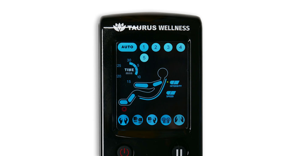 TAURUS Wellness Massagesessel XL: Bildschirm der Fernbedienung mit allen eingepflegten Massageprogrammnummern (oben) und -symbolen (unten)
