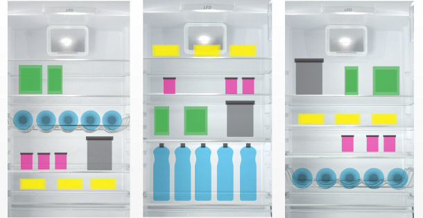Lebensmittel unterschiedlich im Kühlraum angeordnet
