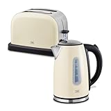 KHG Frühstücksset 2-teilig Wasserkocher & Toaster, Creme Beige Retro American Diner Stil, Kapazität 1,7 Liter & 2 Toastscheiben, 360° Sockel, Kalkfilter, 6 Röstgradstufen, Auftau- & Aufwärmfunktion