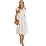 HEYPORK Damen Frühling Sommer Bequem Lässig Kleid Mode Elegant Kleider Frauen Beiläufige Feste Farbe V-Ausschnitt Taille Abnehmender Frischer Stil Kleid(A Weiß, S)