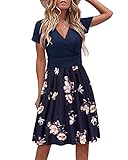 STYLEWORD Damen Sommerkleid Kurzarm V-Ausschnitt Kleider Blumenmuster kleid Strandkleid Mit Taschen(floral05,X-Groß)