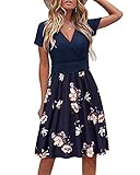 STYLEWORD Damen Sommerkleid Kurzarm V-Ausschnitt Kleider Blumenmuster Kleid Strandkleid Mit Taschen(floral05,X-Groß)