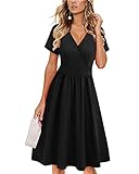 VOTEPRETTY Sommerkleid Damen Knielang Kleid Kurzarm V Ausschnitt Wickelkleid Blumen Strandkleid mit Taschen(Schwarz,L)