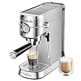 CASABREWS Espresso Siebträgermaschine 20 Bar, Edelstahl-Espressomaschine mit professionellem Milchaufschäumer, Klein Kaffeemaschine Espresso für Cappuccino, Latte & Macchiato, 1L Wassertank, silber