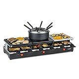 Klarstein Fonduelette XL - 3-in-1 Raclette-Grill & Fondue, 1650 Watt: Metall- /Naturstein-/Crêpesplatte, 3 separate Edelstahl-Heizelemente, bis 12 Personen, Antihaftbeschichtung, schwarz