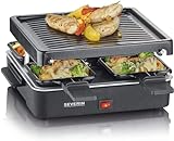 SEVERIN Mini Raclette-Grill, kleines Raclette mit antihaftbeschichteter Grillplatte und 4 Raclette Pfännchen, Tischgrill für bis zu 4 Personen, 600 W Leistung, schwarz, RG 2370