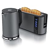 Arendo - Wasserkocher mit Toaster SET Edelstahl Cool Grey, Wasserkocher 1,5L 40°-100°C Warmhaltefunktion Toaster 2 Scheiben LED-Display 6 Bräunungsgrade Brötchaufsatz