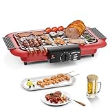 Elektrogrill Tischgrill elektrisch, Elektrischer BBQ-Grill, rauchloser Non-Stick Innen-/Outdoor-Grill, 2000W Doppelröhre tragbarer abnehmbarer Standgrill der hohen Leistung (Elegantes Rot)