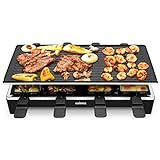 Cusimax Raclette Grill mit Reversible Grillpfanne, Steuerung Partygrill für 8 Personen,Stufenlos Regulierbare Temperatur, 8 Mini Pfännchen, Antihaftbeschichtung, CMRC-300, 1500W, Schwar