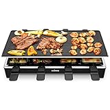 Cusimax Raclette Grill mit Reversible Grillpfanne, Steuerung Partygrill für 8 Personen,Stufenlos Regulierbare Temperatur, 8 Mini Pfännchen, Antihaftbeschichtung, CMRC-300, 1500W, Schwar