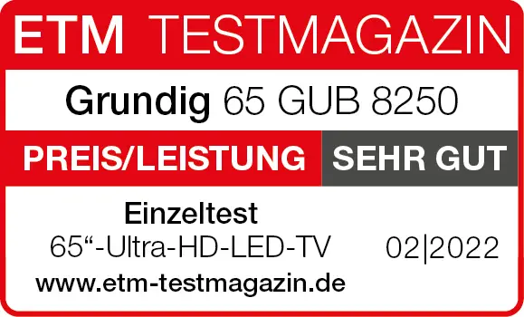 ETM-Testsiegel: Grundig 65 GUB 8250 - Preis/Leistung Sehr Gut - 65“-Ultra-HD-LED-TV im Einzeltest – 02/2022