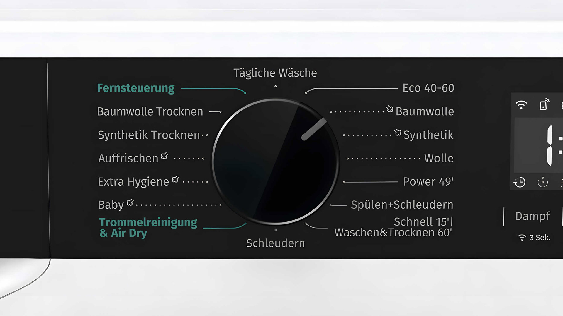 Ein Drehregler, der mit vielen Programmnamen beschriftet ist.