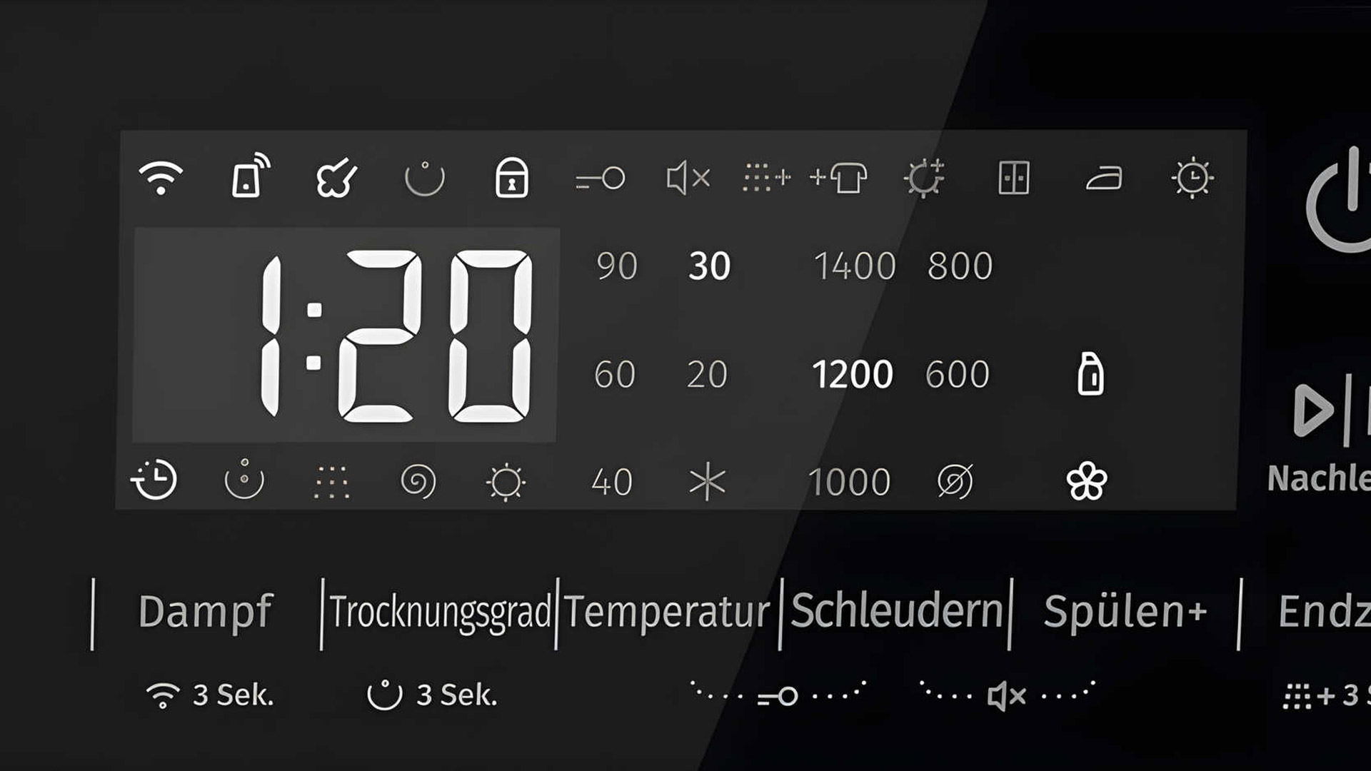 Das Display aus der Nähe. Verschiedene Symbole und Zahlen leuchten auf.