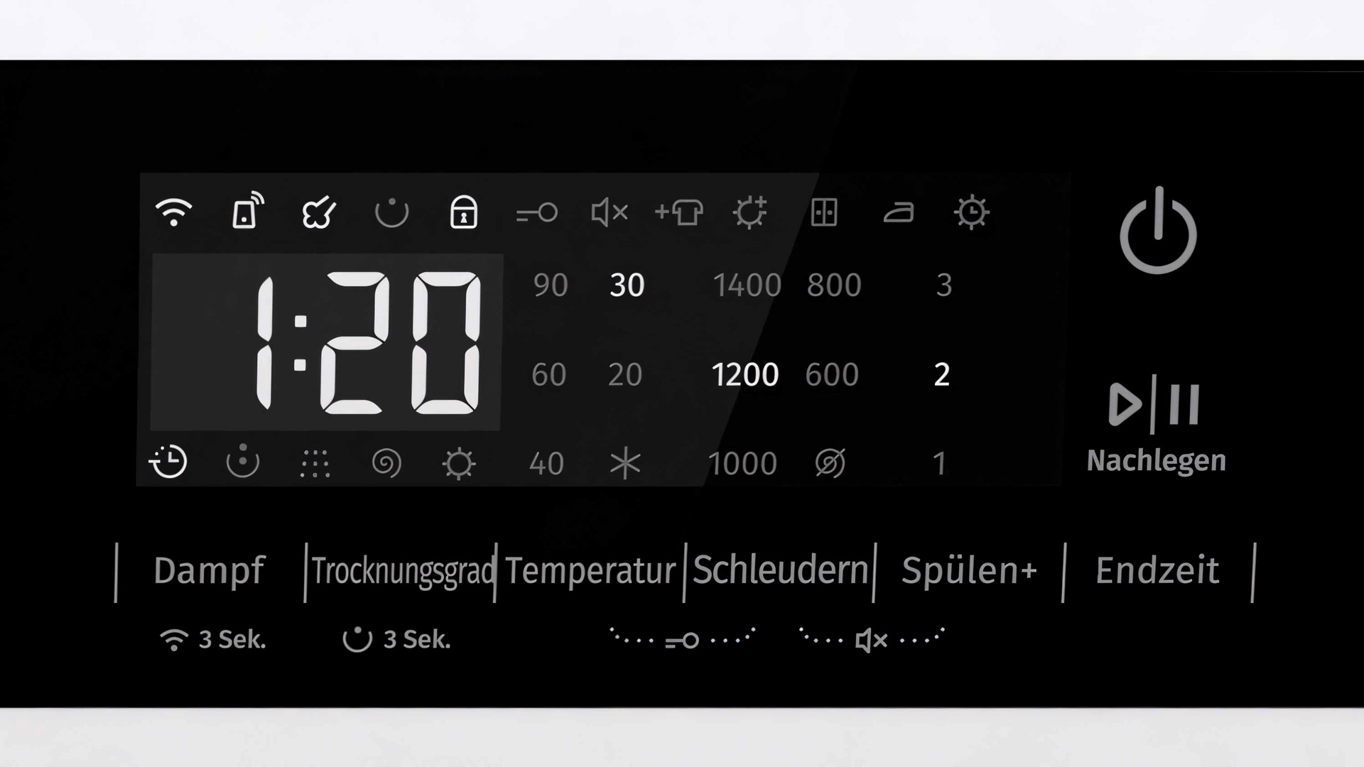 Ein schwarzes Display, in dem verschiedene Zahlen und Symbole weiß leuchten.