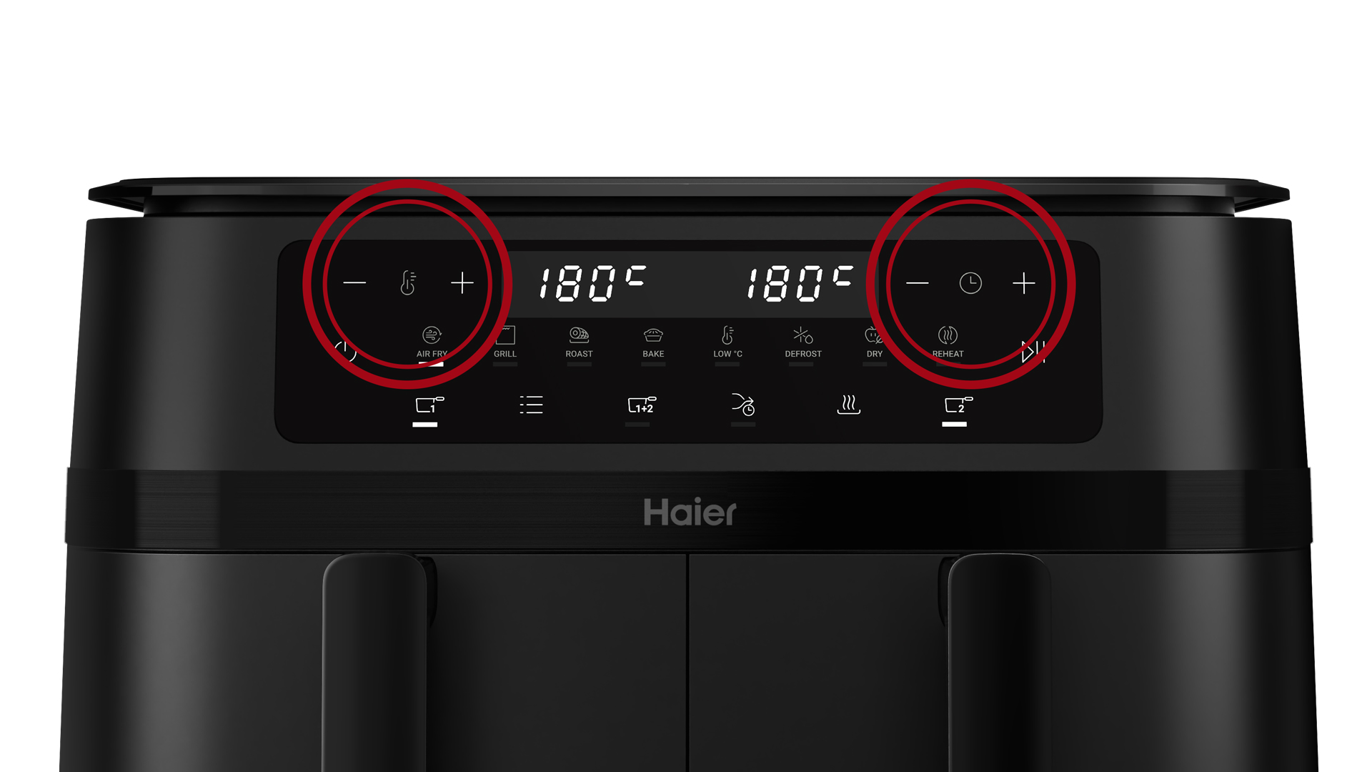 Touchpanel von vorne - Marker bzgl. der Touchelemente zur Temperatur- und Timerprogrammierung