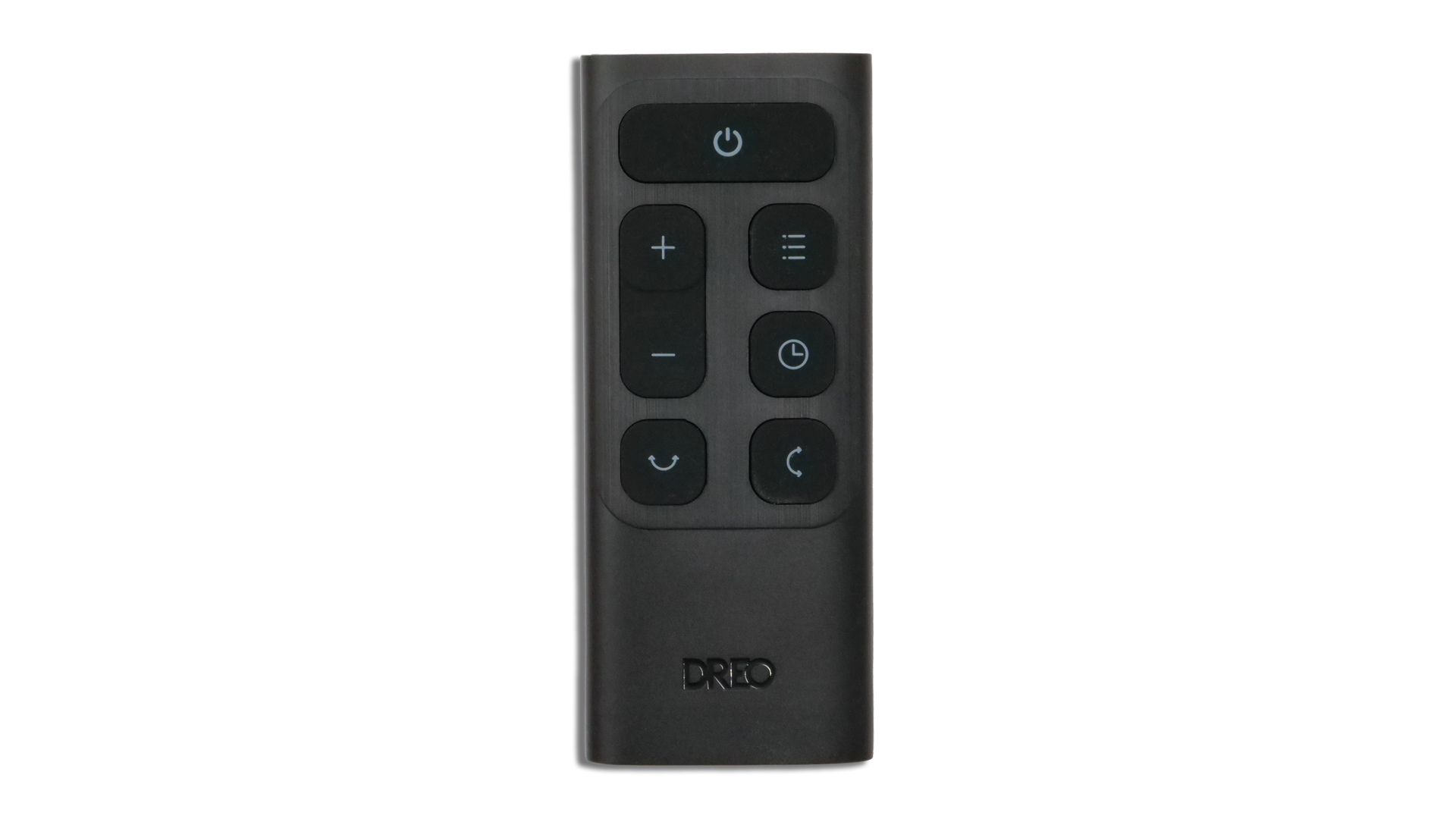 Die Fernbedienung mit 7 Tasten vor weißem Hintergrund.
