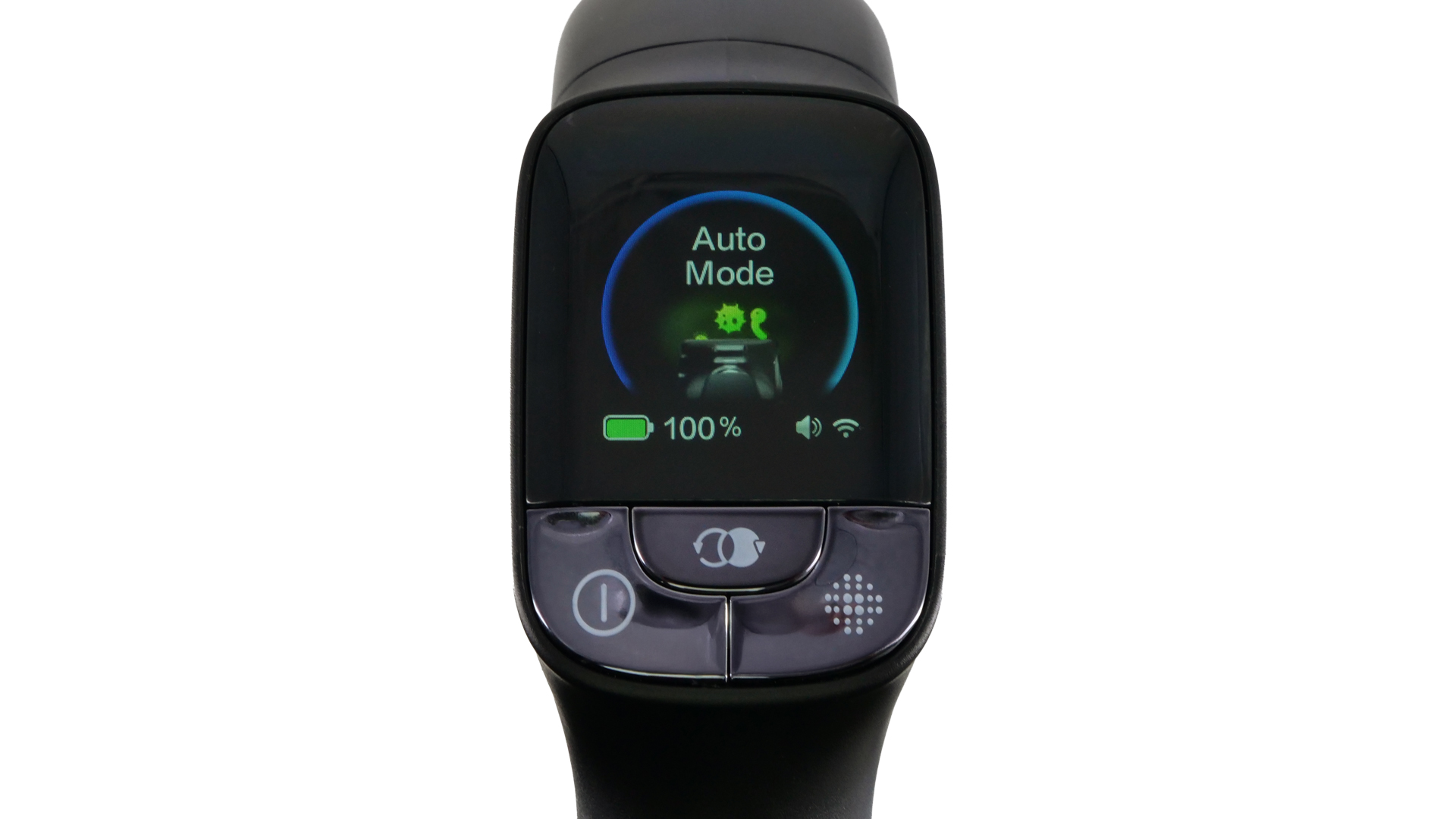 Ein breites, blaues Licht leuchtet am Gehäuse des Modells.