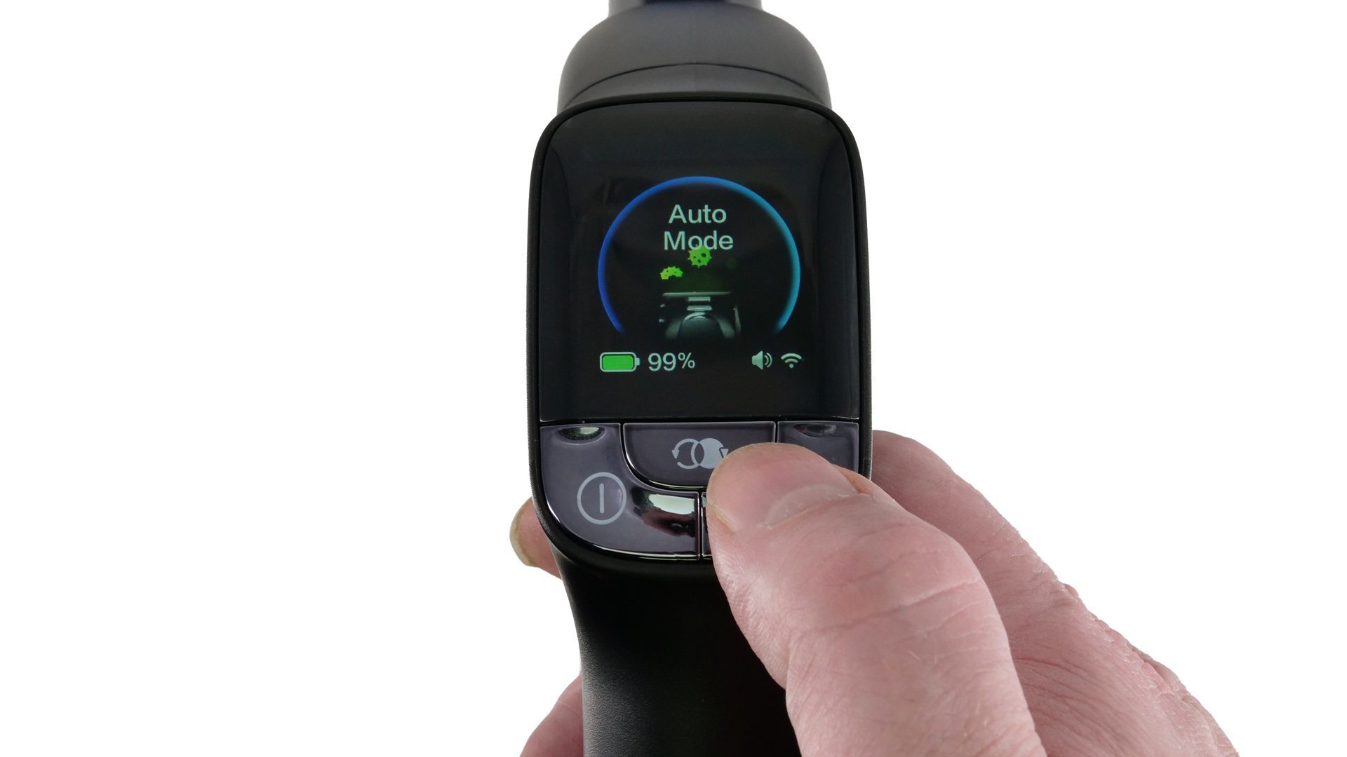 Zwei Tasten am Handteil; sie sind mit je einem Symbol gekennzeichnet.