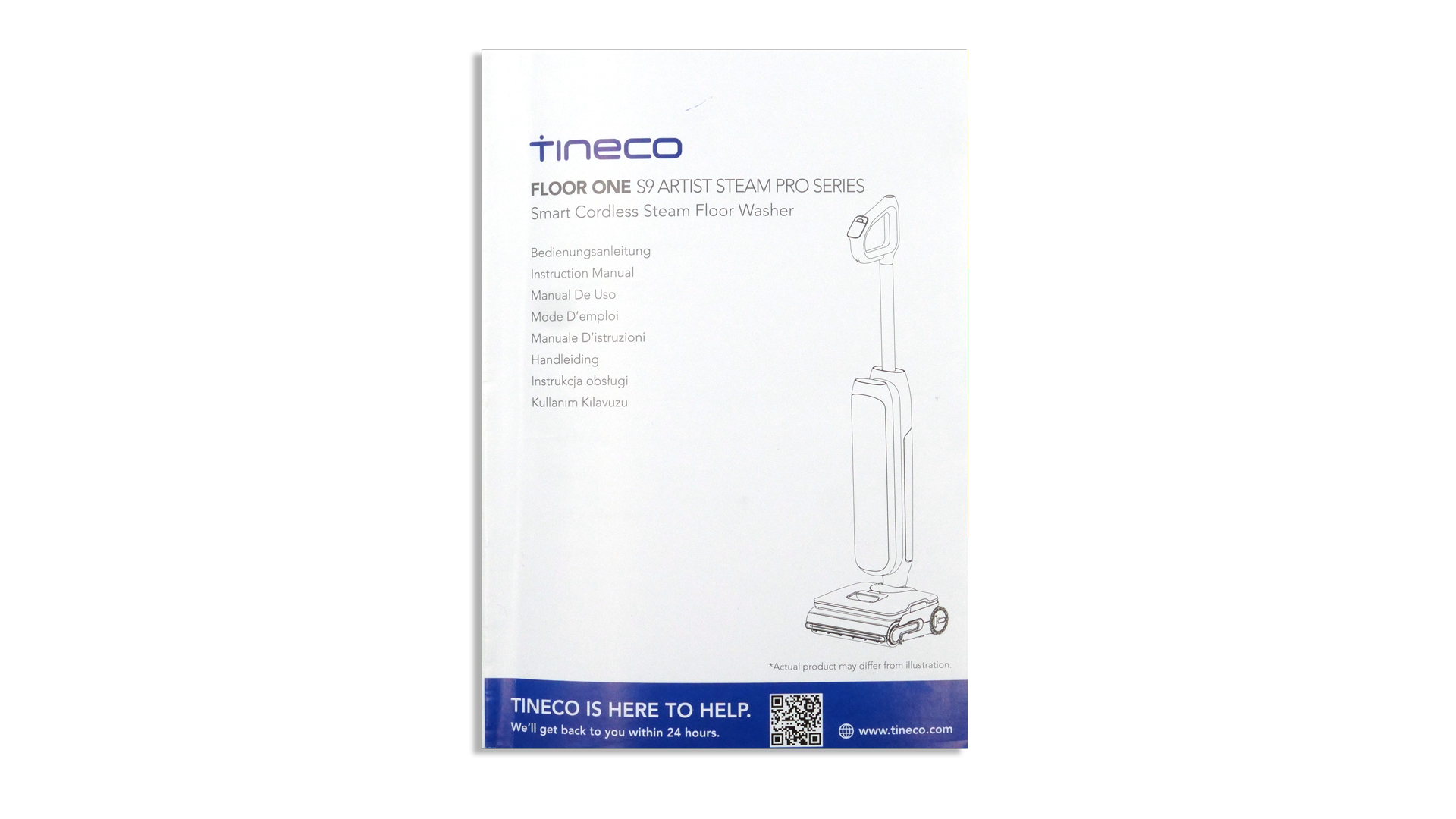 Zwei Hände halten die Bedienungsanleitung aufgeschlagen. Auf den Seiten sind kurze Texte und Graphiken zu sehen.