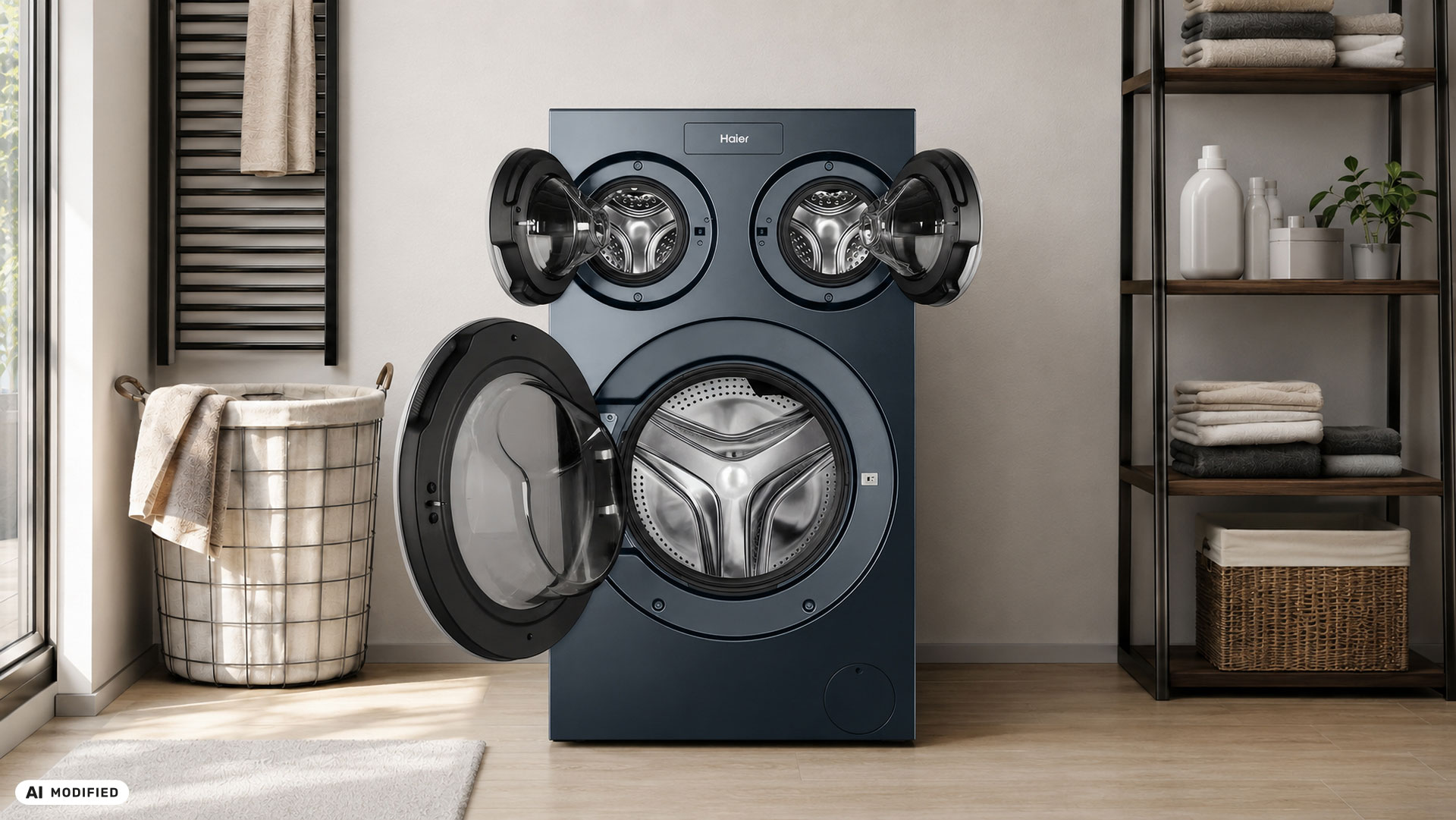 Haier HAMQD 410CBL9GN-84 Frontansicht mit drei Trommeln