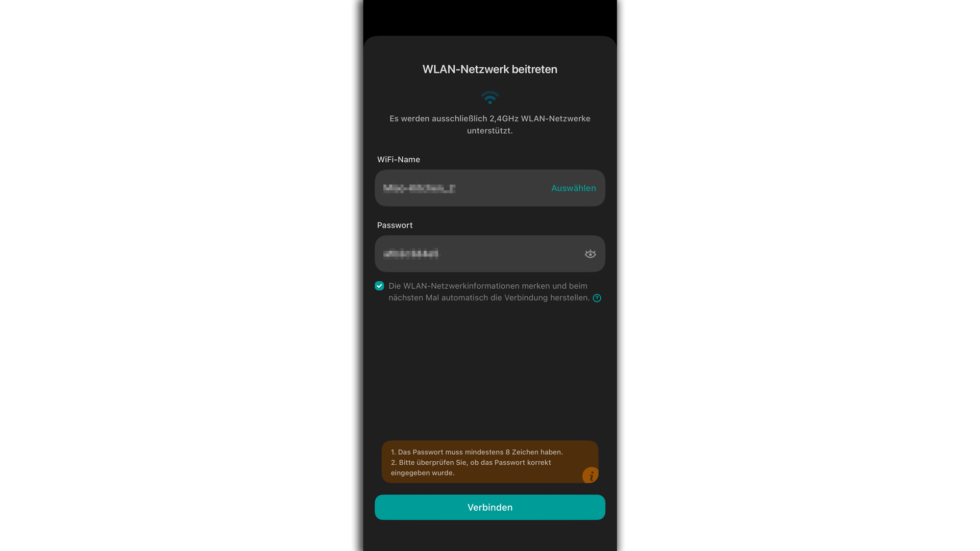 Maske zum Beitritt in das WLAN-Netzwerk
