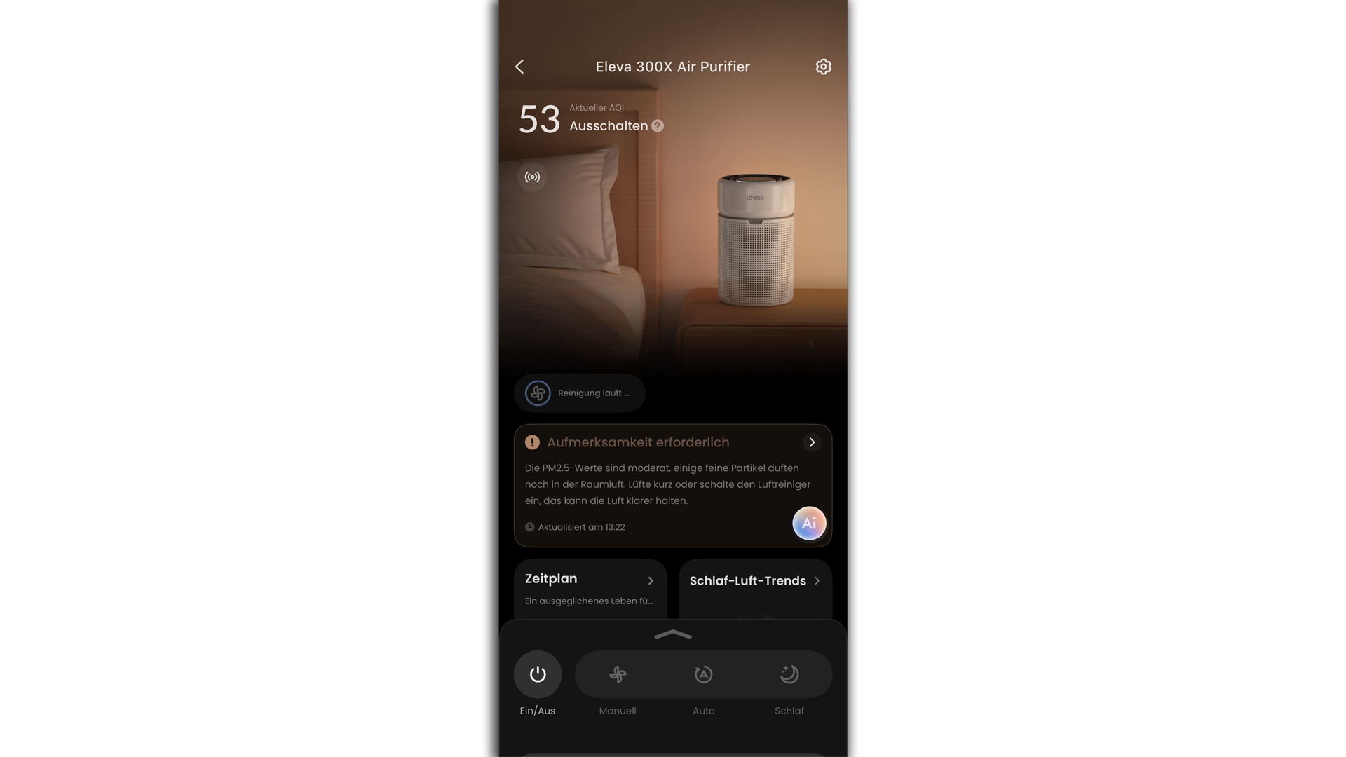 Mainscreen des Eleva 300X mit AQI, Statushinweis und Schnellsteuerung