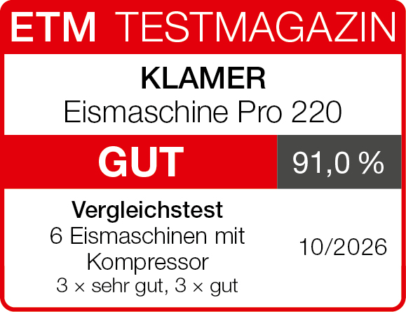 Testsiegel KLAMER Eismaschine Pro 220 &ndash; 91,0 %, gut