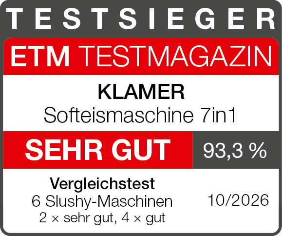 Testsiegel KLAMER Softeismaschine 7in1 &ndash; 93,3 %, sehr gut &ndash; TESTSIEGER