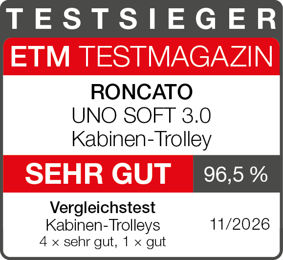 Testsiegel RONCATO UNO SOFT 3.0 Kabinen-Trolley – 96,5 %, sehr gut – Testsieger