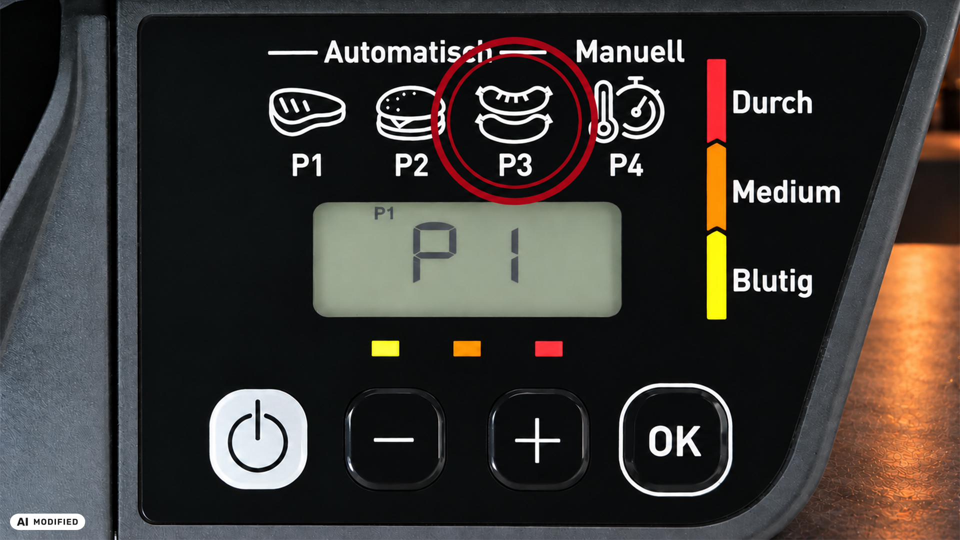 Bedienpanel des Tefal OptiGrill One GC7Q0D mit drei Automatikprogrammen