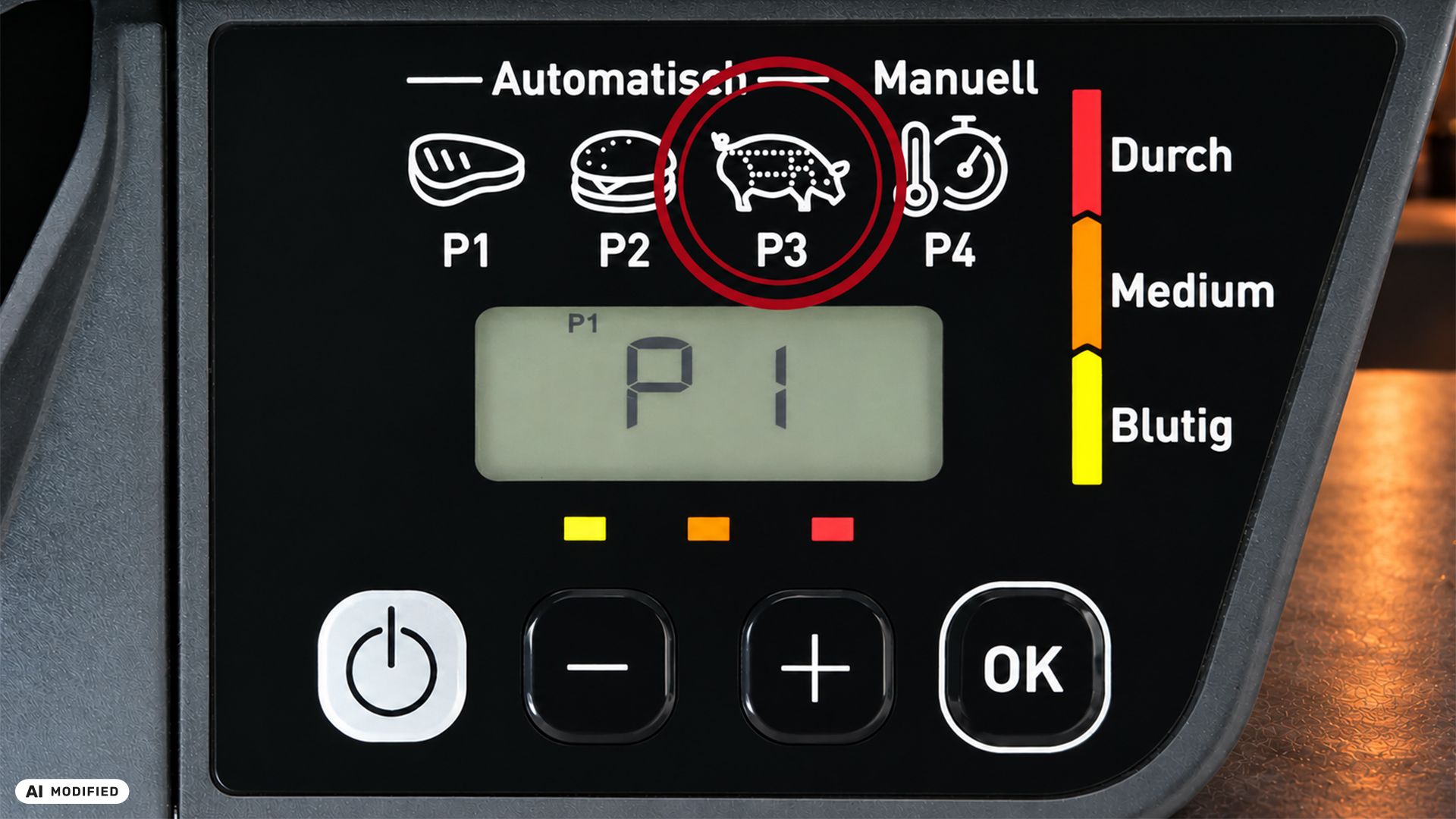Bedienpanel des Tefal OptiGrill Start GC7R0B mit drei Automatikprogrammen